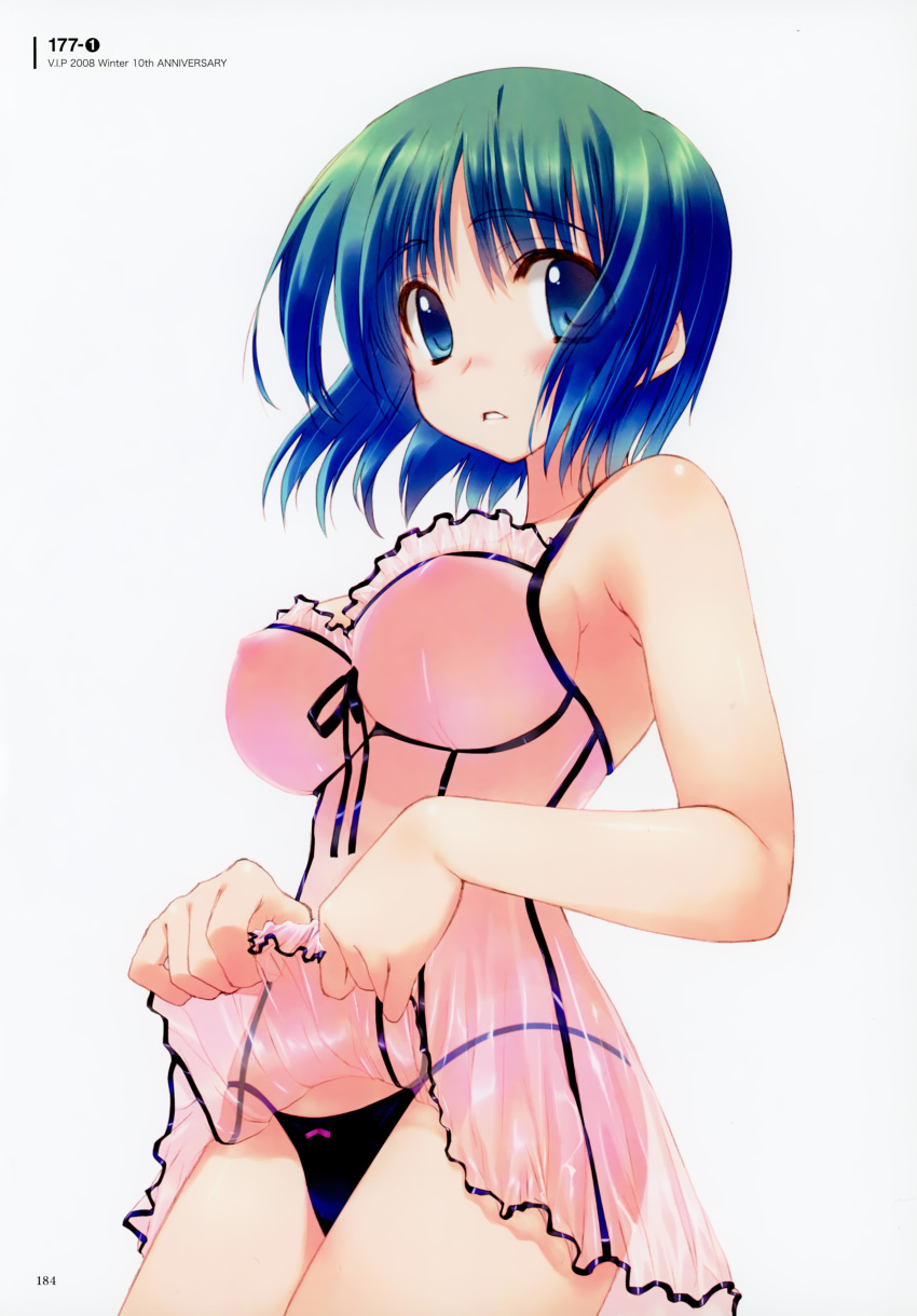 1girl absurdres amazuyu_tatsuki bangs bare_shoulders blue_eyes blue_hair blush erect_nipples eyebrows_visible_through_hair green_hair highres looking_at_viewer multicolored_hair nightgown panties parted_lips scan see-through shiny shiny_skin short_hair sidelocks simple_background sleeveless solo underwear
