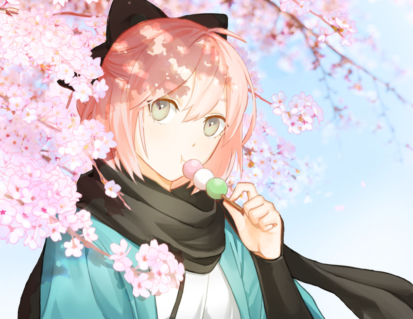 1girl :t bangs black_bow black_scarf blue_sky bow cherry_blossoms closed_mouth dango dated eating eyebrows_visible_through_hair fate/grand_order fate_(series) flower food grey_eyes hair_between_eyes hair_bow head_tilt highres holding holding_food japanese_clothes kimono light_brown_hair long_sleeves looking_at_viewer loon_7774 okita_souji_(fate) outdoors pink_flower sanshoku_dango scarf sky sleeves_past_wrists solo wagashi white_kimono