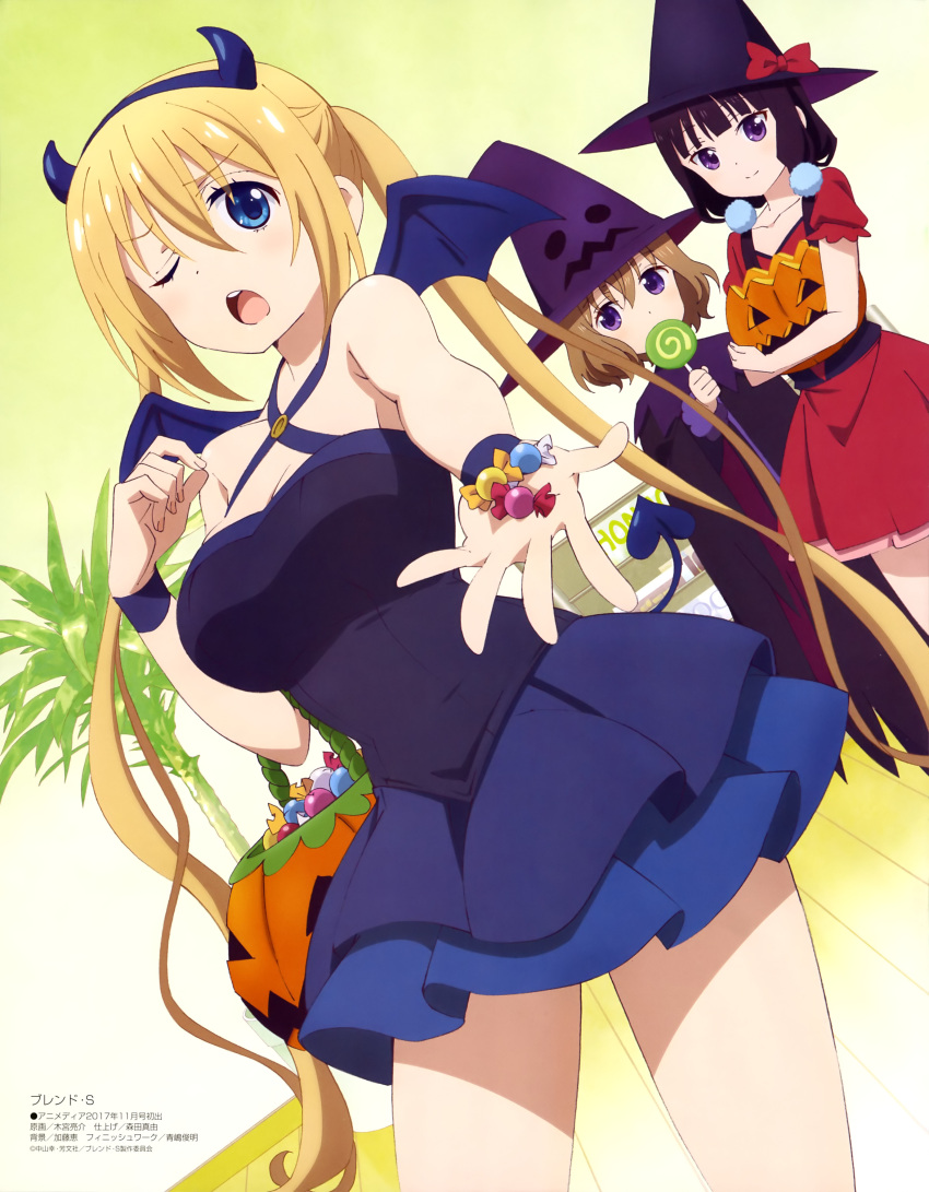 3girls absurdres bangs bare_legs basket black_cape black_hair black_hat black_shirt blend_s blonde_hair blue_eyes blue_skirt blue_wristband blunt_bangs blush bow breasts candy cape cleavage demon_horns demon_tail demon_wings dress fake_horns fake_tail fake_wings food gradient gradient_background halloween_costume hat hat_bow highres hinata_kaho holding holding_basket holding_lollipop horns hoshikawa_mafuyu indoors jack-o'-lantern kimiya_ryousuke large_breasts layered_dress layered_skirt light_brown_hair lollipop long_hair looking_at_viewer megami_deluxe multiple_girls official_art one_eye_closed open_mouth outstretched_hand plant potted_plant print_hat puffy_short_sleeves puffy_sleeves purple_hat red_bow red_dress sakuranomiya_maika shirt short_dress short_sleeves skindentation skirt smile standing tail teeth twintails violet_eyes wings witch_hat wristband