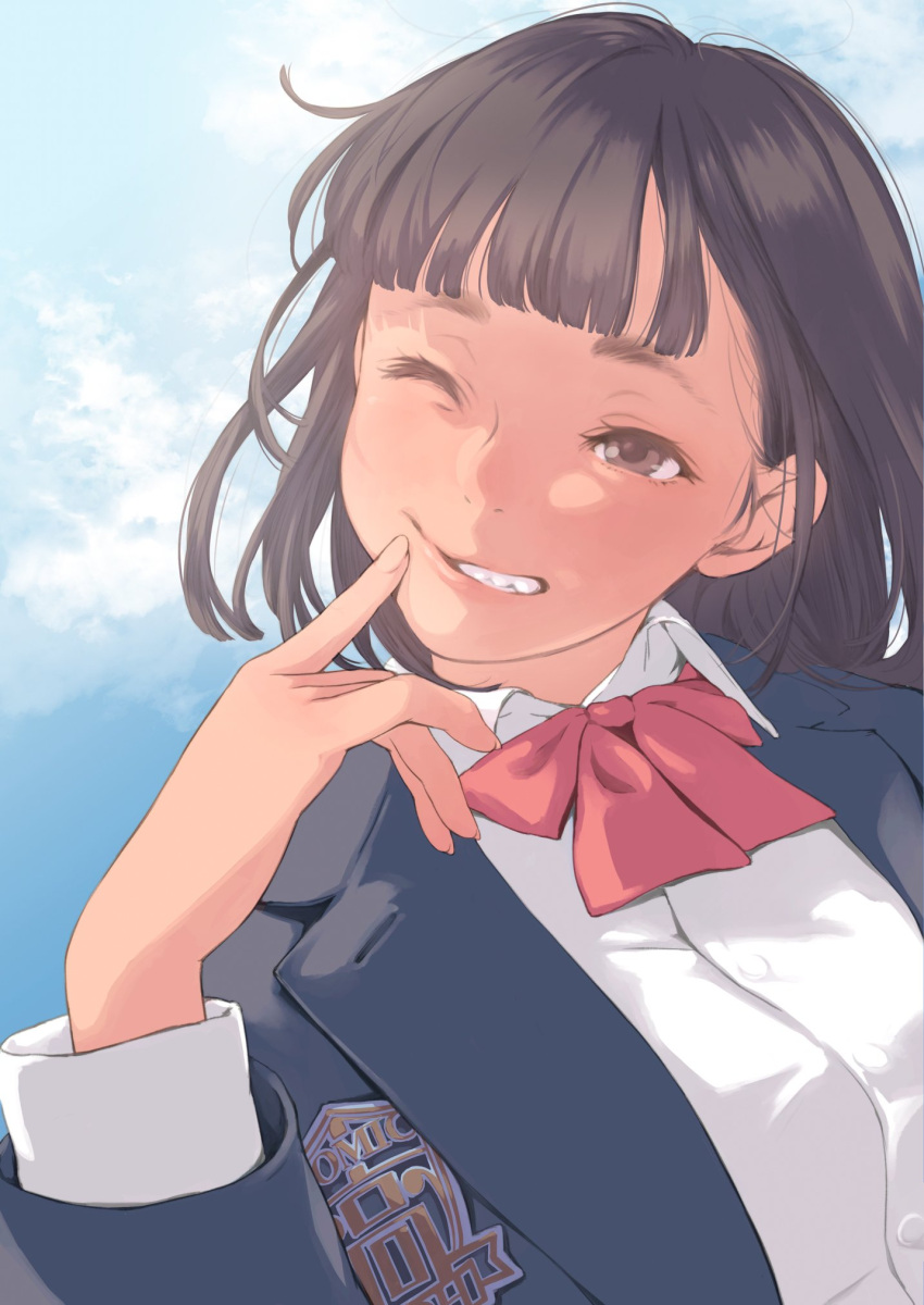 1girl bangs blue_jacket blue_sky blunt_bangs bow bowtie brown_eyes brown_hair closed_mouth clouds collared_shirt comic_koh commentary_request day fingernails hand_up highres jacket kamo_(gafas) long_sleeves one_eye_closed original outdoors red_neckwear shirt sky solo wing_collar