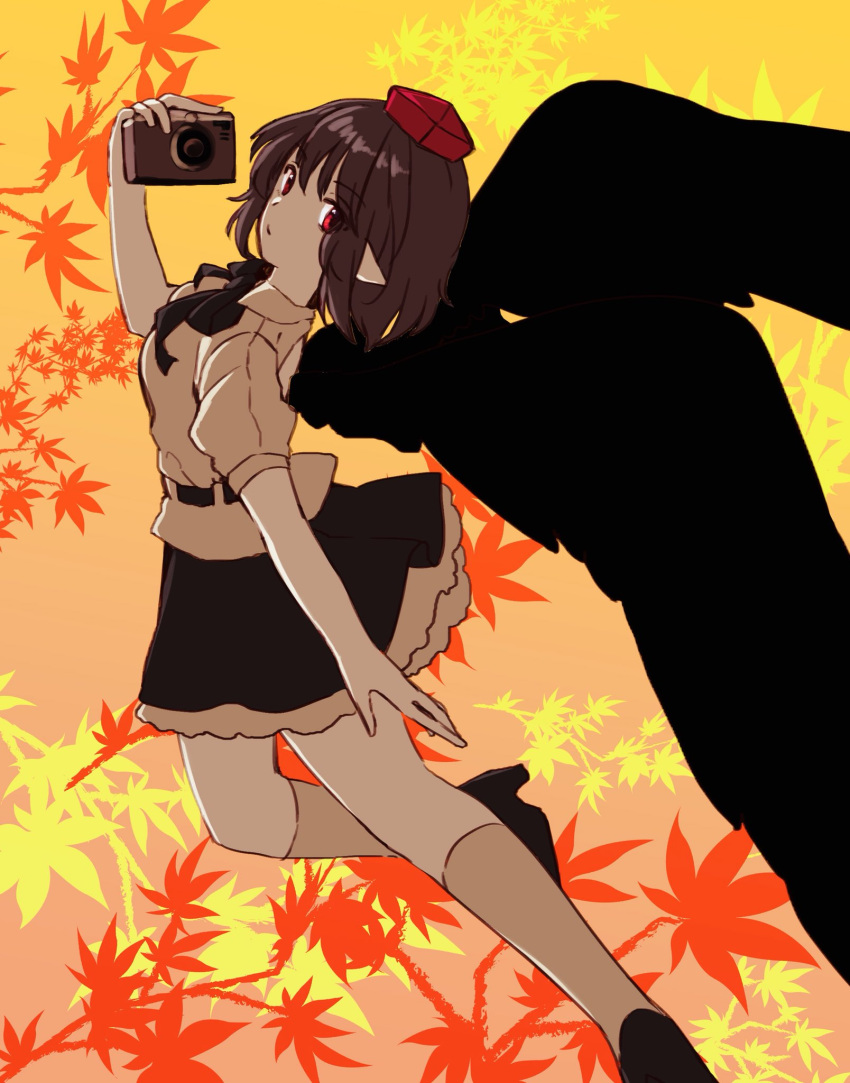 1girl autumn_leaves back_cutout belt bird_wings blouse breasts brown_hair camera collared_shirt commentary hat high_heels highres looking_at_viewer medium_breasts pointy_ears red_eyes shameimaru_aya shirt shoes short_hair skirt socks solo sunset tokin_hat touhou wings yururi_nano