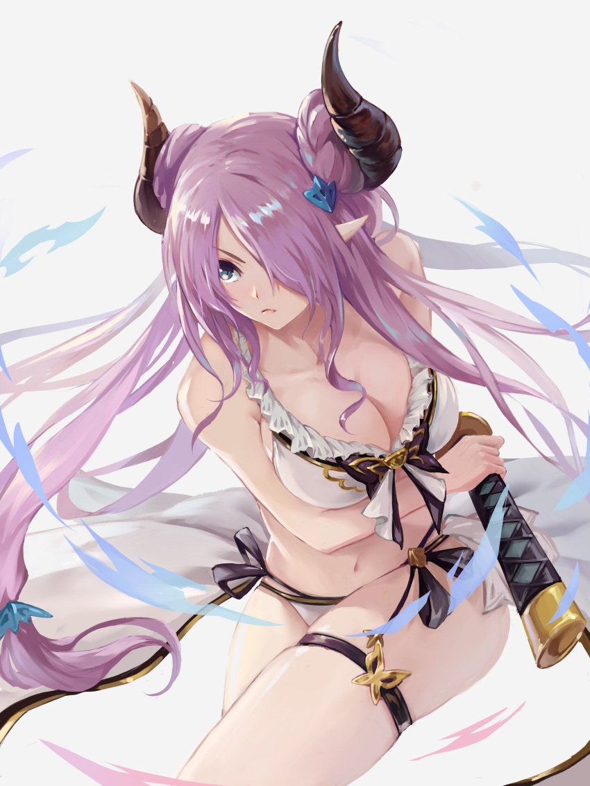 1girl absurdres bikini black_ribbon blue_eyes breasts cleavage cookman cowboy_shot floating_hair frilled_bikini_top granblue_fantasy grey_background hair_ornament hair_over_one_eye highres holding holding_sword holding_weapon horns large_breasts long_hair narmaya_(granblue_fantasy) navel pointy_ears purple_hair ribbon simple_background solo swimsuit sword thigh_strap twintails very_long_hair weapon white_bikini