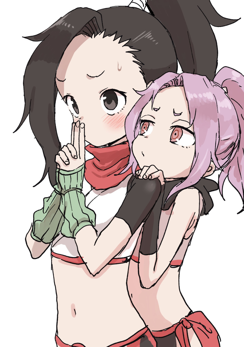 2girls absurdres arm_warmers black_eyes black_hair blush copyright_request embarrassed fingernails forehead hands_clasped highres midriff multiple_girls navel ninja original own_hands_together pink_hair ponytail red_eyes ringed_eyes short_sleeves simple_background sports_bra sweatdrop white_background yamamoto_souichirou