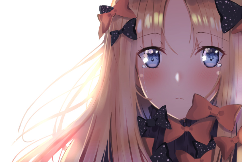 1girl abigail_williams_(fate/grand_order) bangs black_bow black_dress blonde_hair blue_eyes blush bow closed_mouth crying crying_with_eyes_open dress eyebrows_visible_through_hair fate/grand_order fate_(series) hair_between_eyes hair_bow long_hair looking_at_viewer miamuly orange_bow polka_dot polka_dot_bow simple_background solo sunlight tears white_background