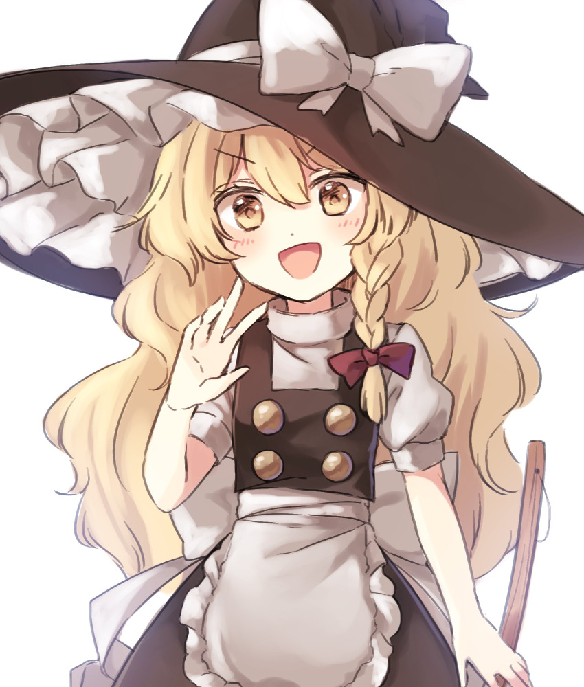 &gt;:d 1girl :d apron blonde_hair blush bow braid broom commentary hat hat_bow highres kirisame_marisa large_bow long_hair looking_at_viewer open_mouth puffy_short_sleeves puffy_sleeves sash short_sleeves side_braid single_braid skirt skirt_set smile solo touhou turtleneck v-shaped_eyebrows very_long_hair vest waist_apron waving wavy_hair witch_hat yellow_eyes yururi_nano