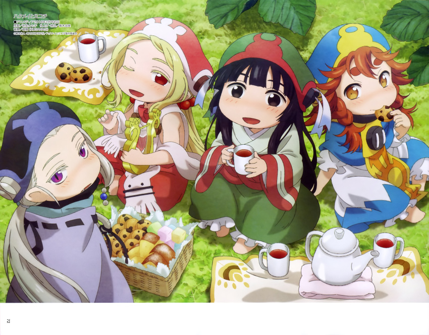 4girls :d ;d absurdres artist_request bangs barefoot basket black_eyes black_hair black_hat blonde_hair blue_hat blush brown_eyes brown_hair chocolate_chip_cookie cookie cup day dress fang fingernails food grass green_hat green_skirt hakumei_(hakumei_to_mikochi) hakumei_to_mikochi harp hat highres holding holding_cookie holding_food holding_instrument holding_mug instrument japanese_clothes kimono konju_(hakumei_to_mikochi) long_hair long_sleeves looking_at_viewer low_ponytail megami_deluxe mikochi_(hakumei_to_mikochi) mug multiple_girls official_art on_grass one_eye_closed open_mouth outdoors parted_lips pink_hat ponytail puffy_short_sleeves puffy_sleeves red_eyes short_kimono short_sleeves silver_hair sitting skirt smile teapot thick_eyebrows very_long_hair violet_eyes white_dress white_kimono wide_sleeves