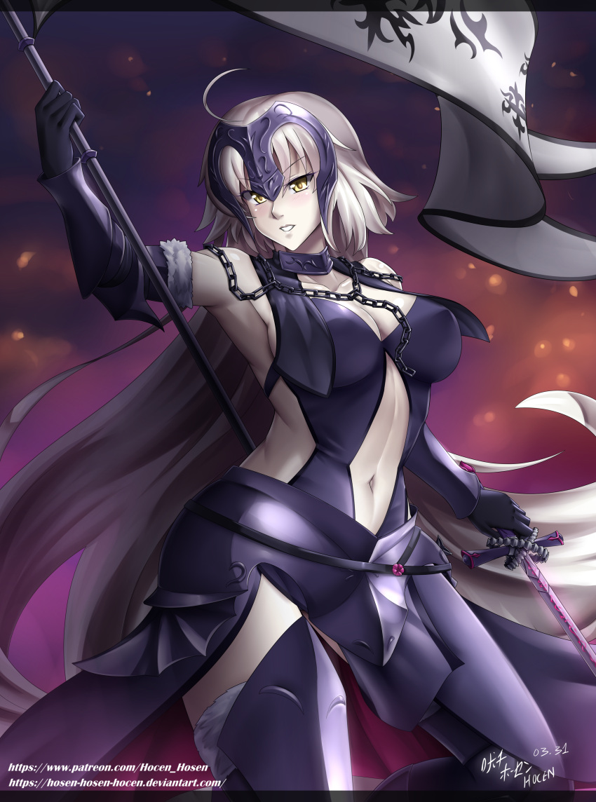 1girl absurdres ahoge arm_up armor armored_dress armpits artist_name bare_shoulders black_legwear breasts chains dated erect_nipples eyebrows_visible_through_hair fate/apocrypha fate/grand_order fate_(series) flag fur_trim gauntlets headpiece highres holding holding_sword holding_weapon jeanne_d'arc_(alter)_(fate) jeanne_d'arc_(fate) jeanne_d'arc_(fate)_(all) large_breasts long_hair looking_at_viewer navel navel_cutout pale_skin parted_lips shiny shiny_hair shiny_skin silver_hair smile solo standing sword teeth thigh-highs vilde_loh_hocen weapon yellow_eyes