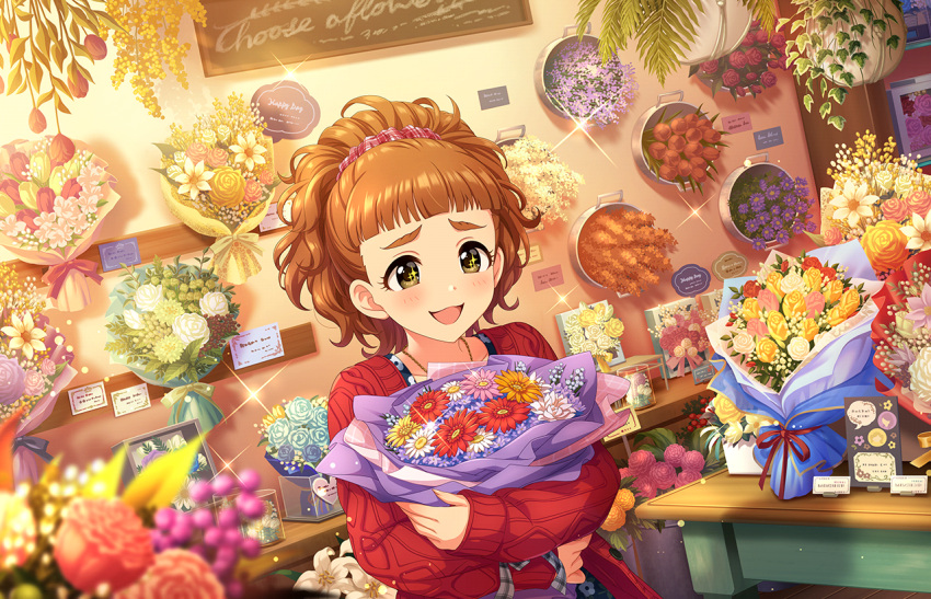 baby's-breath bangs blunt_bangs bouquet brown_hair cable_knit chalkboard chrysanthemum daisy dress florist flowers green_eyes hanging_plant headband idolmaster_cinderella_girls_starlight_stage lily_(flower) oonishi_yuriko pink_rose red_ribbon red_rose red_sweater rose short_hair sleeves_past_wrists sweater sweet_pea updo white_lily white_rose yellow_daisy yellow_rose