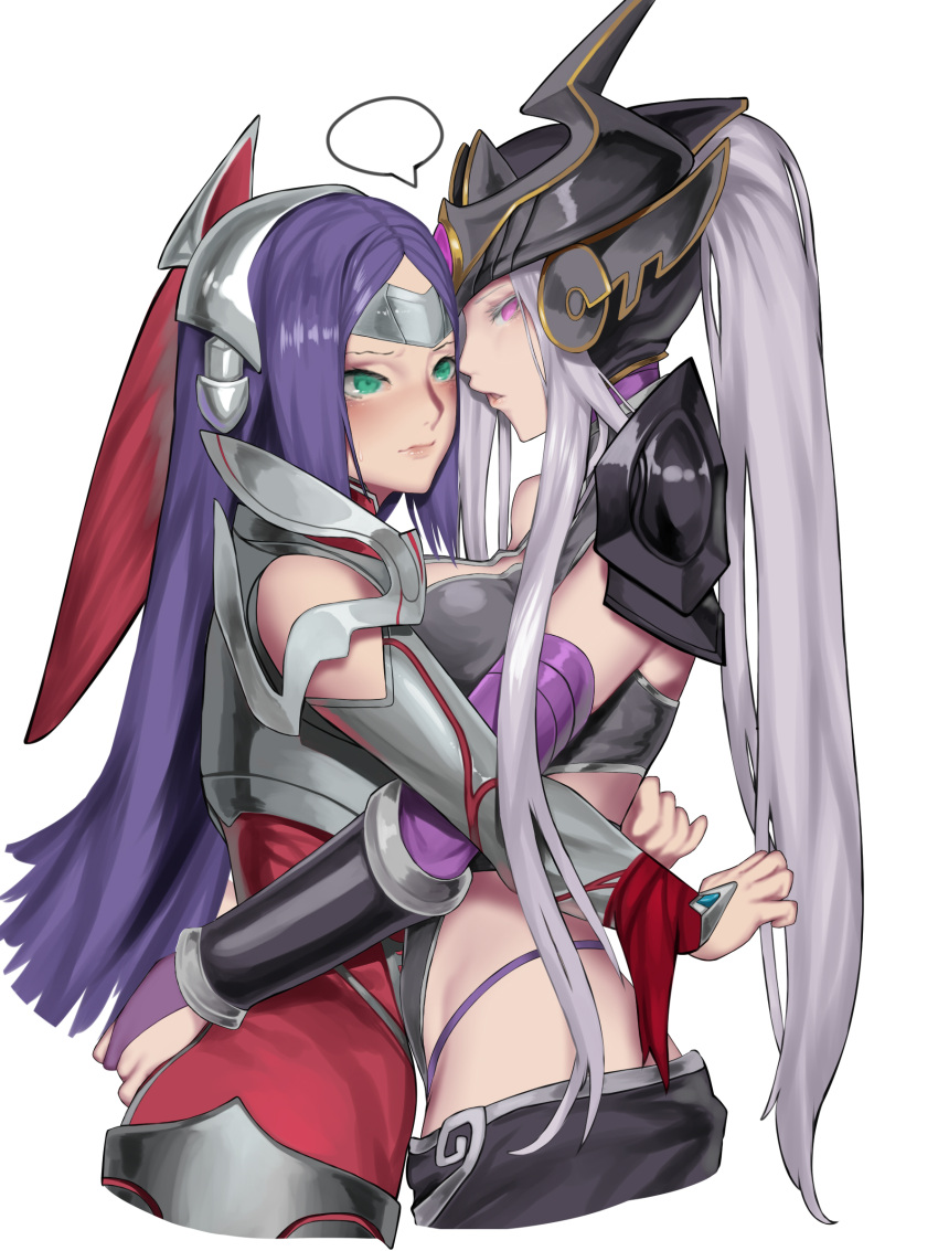 2girls absurdres armor blue_hair blush breasts green_eyes highres hug irelia kumiko_shiba league_of_legends looking_at_viewer multiple_girls parted_lips ponytail silver_hair syndra violet_eyes yuri