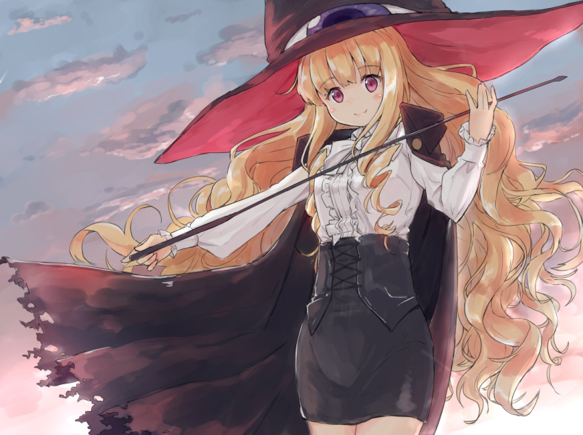 1girl bangs black_cape black_skirt blonde_hair blouse blunt_bangs bow bowtie cape closed_mouth clouds corset cowboy_shot curly_hair gradient_sky hat lilith_(yamibou) long_hair miniskirt oge_(ogeogeoge) pink_eyes red_eyes sidelocks skin_tight skirt sky smile solo twilight very_long_hair wavy_hair whip white_blouse white_bow yami_to_boushi_to_hon_no_tabibito