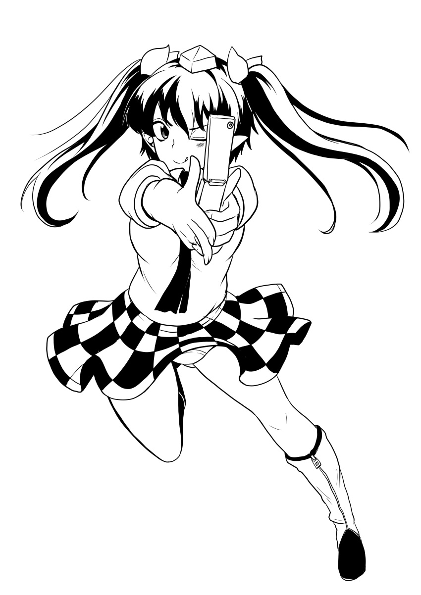 1girl :q absurdres bangs blush boots bow cellphone checkered checkered_skirt commentary_request eyebrows_visible_through_hair flip_phone foreshortening full_body gluteal_fold greyscale hair_bow hat highres himajin_noizu himekaidou_hatate holding holding_phone long_hair looking_at_viewer monochrome necktie one_eye_closed panties pantyshot phone pointy_ears simple_background skirt solo standing standing_on_one_leg tokin_hat tongue tongue_out touhou twintails underwear white_background