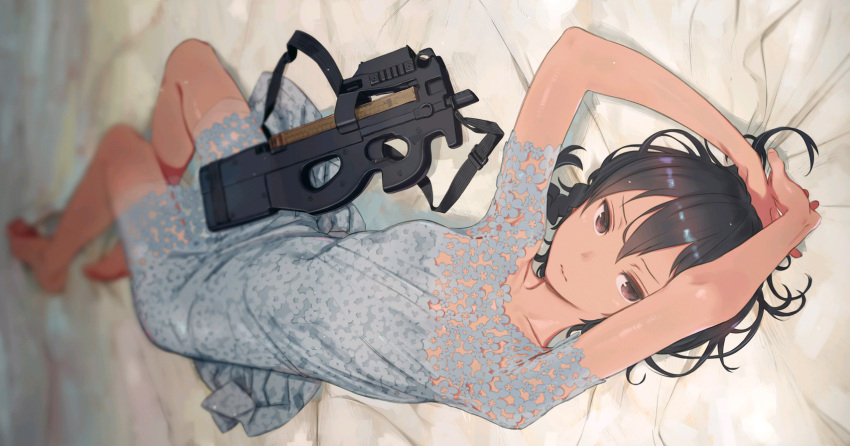 1girl arms_up bed_sheet black_hair blurry braid bullpup depth_of_field gun hair_between_eyes highres kohiruimaki_karen kuroboshi_kouhaku looking_at_viewer lying nightgown official_art on_back p90 short_hair short_hair_with_long_locks short_sleeves single_braid solo submachine_gun sword_art_online sword_art_online_alternative:_gun_gale_online weapon