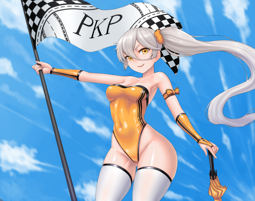 &gt;:) 1girl alternate_costume armpits bare_shoulders blue_sky blush breasts bridal_gauntlets character_name checkered checkered_flag cleavage cloel closed_mouth closed_umbrella clouds collarbone contrapposto covered_navel cowboy_shot day floating_hair girls_frontline groin hair_between_eyes hair_ornament hair_scrunchie highres holding holding_umbrella leotard long_hair medium_breasts orange_scrunchie outdoors pkp_(girls_frontline) racequeen scrunchie shiny shiny_clothes shiny_skin side_ponytail sky smile solo standing strapless strapless_leotard thigh-highs thighs umbrella v-shaped_eyebrows very_long_hair white_legwear wind yellow_eyes yellow_leotard
