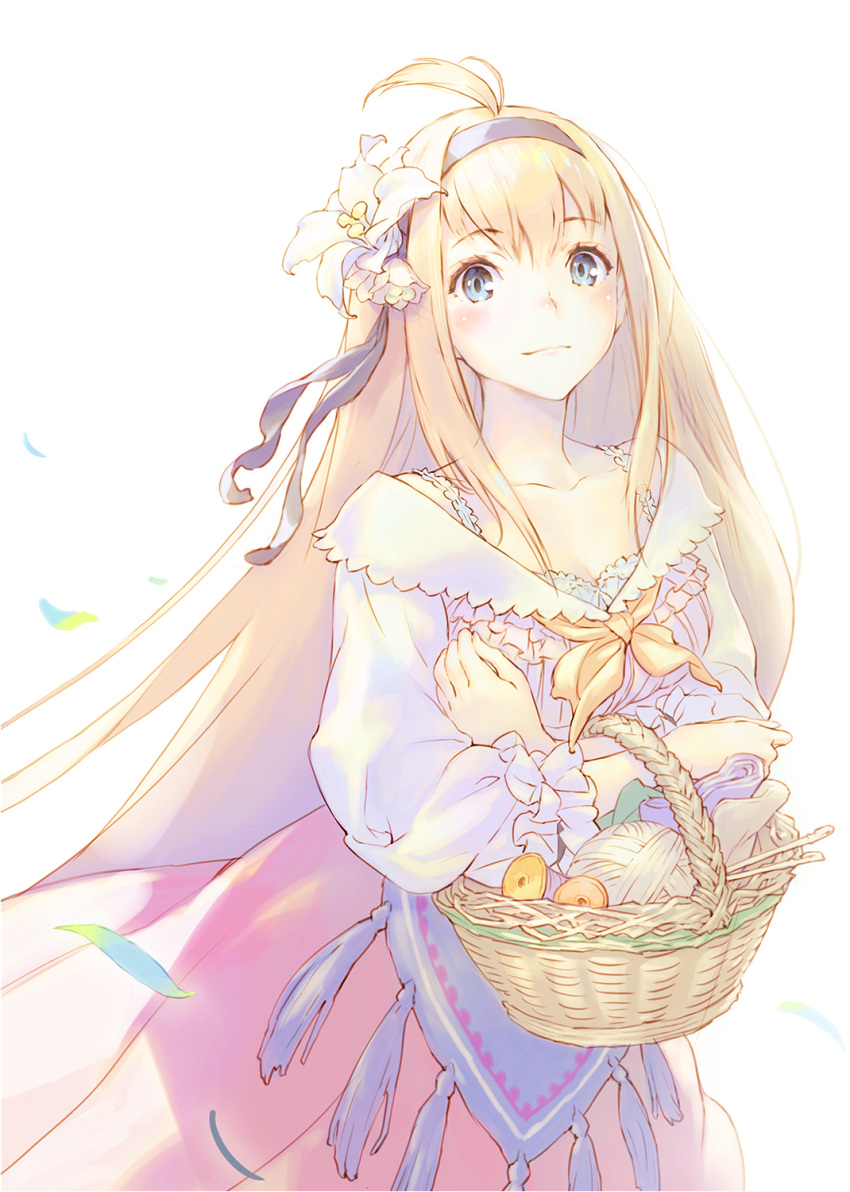 1girl ahoge alternate_costume bangs basket blonde_hair dress flower french frills granblue_fantasy hair_flower hair_ornament hairband highres hisakata_souji holding holding_basket jeanne_d'arc_(granblue_fantasy) lily_(flower) long_hair looking_at_viewer petals pink_skirt shingeki_no_bahamut skirt smile solo very_long_hair yarn yarn_ball