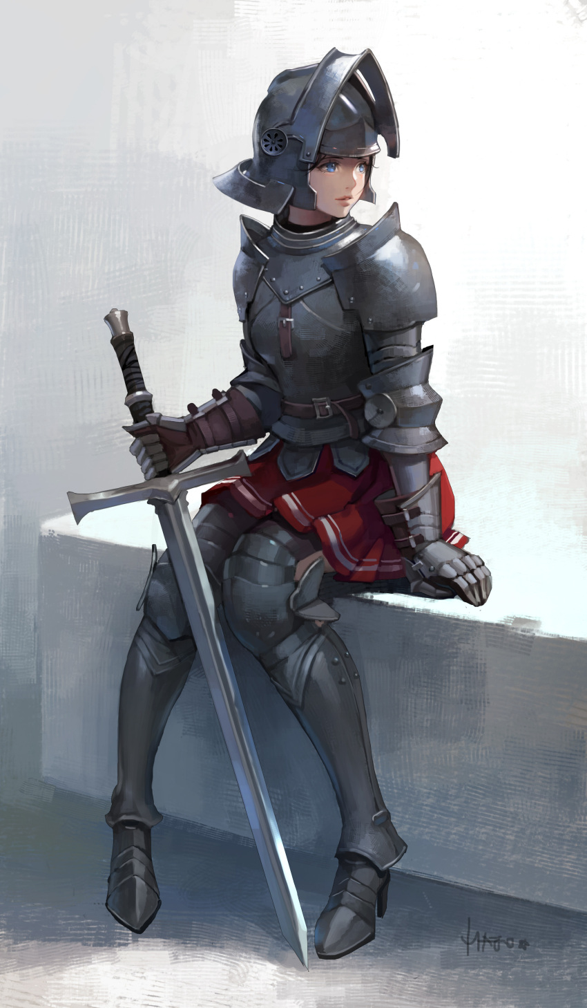 1girl absurdres amor arm_support armored_boots blue_eyes boots full_body gauntlets helmet high_heel_boots high_heels highres holding holding_sword holding_weapon majo miniskirt original pleated_skirt red_skirt signature sitting skirt solo spaulders sword weapon