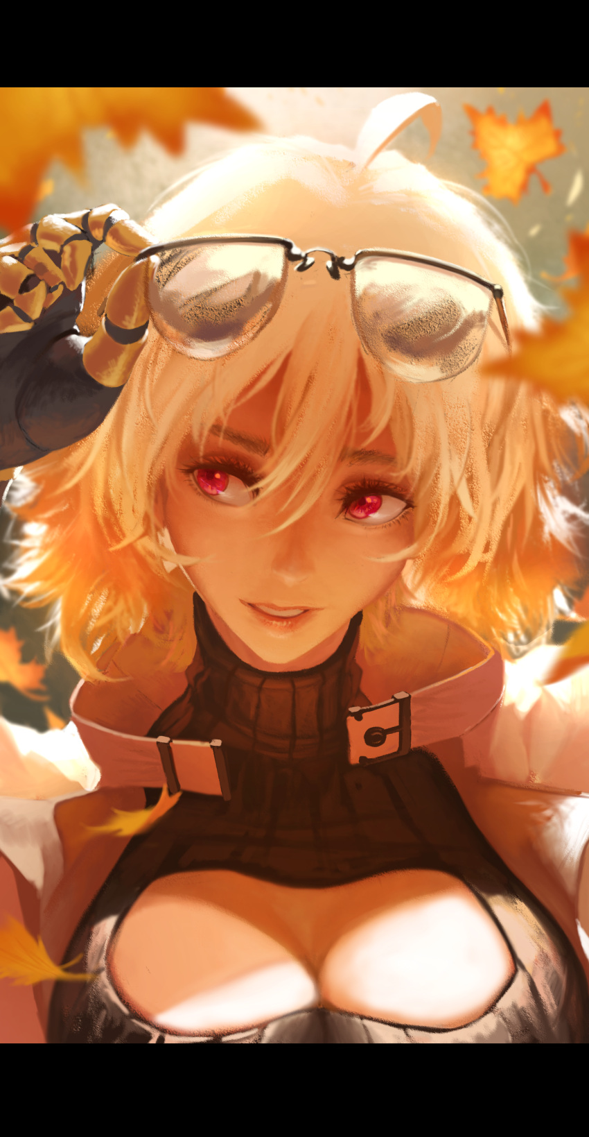 1girl absurdres blonde_hair breasts cleavage cleavage_cutout collar commentary dishwasher1910 eyewear_on_head eyewear_removed highres leaf leaves_in_wind older prosthesis prosthetic_arm red_eyes rwby short_hair solo sunglasses turtleneck yang_xiao_long