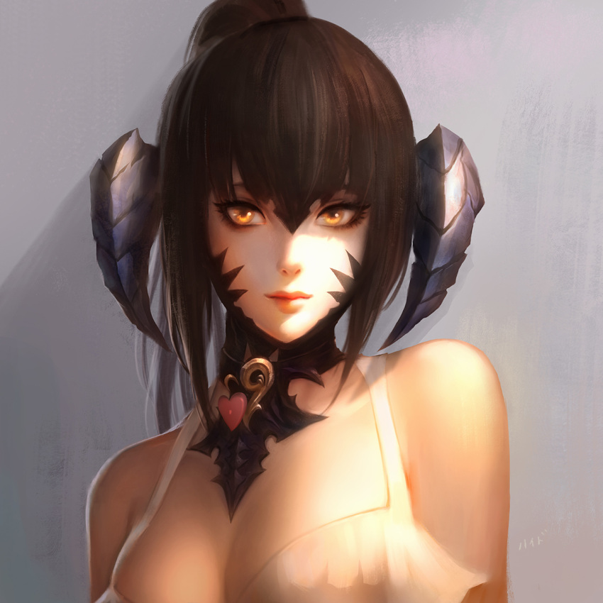 1girl bangs bare_shoulders breasts brown_hair cleavage closed_mouth commission facepaint final_fantasy final_fantasy_xiv grey_background hair_between_eyes heart highres horns looking_at_viewer nguyen_uy_vu original solo yellow_eyes