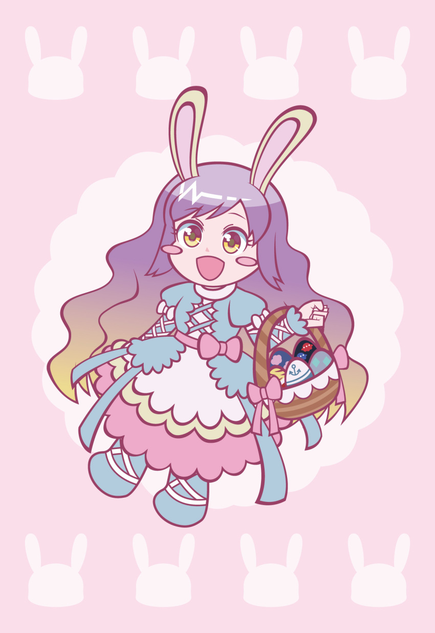 1girl adapted_costume animal_ears animal_print basket blonde_hair blush blush_stickers bow brown_hair bunny_print cross-laced_clothes cross-laced_footwear easter easter_egg egg gradient_hair highres hijiri_byakuren layered_clothing long_hair multicolored_hair obakeneko purple_hair rabbit_ears simple_background smile solo touhou wavy_hair yellow_eyes