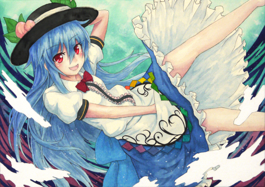 1girl :d apron barefoot bent_elbow between_legs black_hat blouse blue_hair blue_skirt bow bowtie breasts center_frills collared_blouse colored_pencil_(medium) commentary_request exlay1 eyebrows_visible_through_hair eyelashes feet_out_of_frame food frilled_skirt frills fruit hand_behind_head hand_between_legs hat hinanawi_tenshi leaf legs_apart long_hair looking_at_viewer lying millipen_(medium) open_mouth peach petticoat pink_frills puffy_short_sleeves puffy_sleeves rainbow_order red_eyes red_neckwear short_sleeves sidelocks skirt small_breasts smile solo teeth tongue touhou traditional_media waist_apron watercolor_(medium) white_blouse white_frills wing_collar