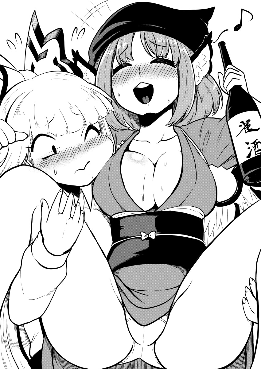 +++ 2girls absurdres animal_ears arm_up bangs blush bottle bow breasts carrying cleavage closed_eyes commentary_request eyebrows_visible_through_hair flying_sweatdrops fujiwara_no_mokou greyscale hair_bow head_scarf heart heart_in_mouth highres himajin_noizu holding holding_bottle large_breasts long_hair monochrome multiple_girls musical_note mystia_lorelei nose_blush obi okamisty one_eye_closed open_mouth panties quaver sake_bottle sash short_hair simple_background spread_legs sweat tasuki touhou underwear white_background