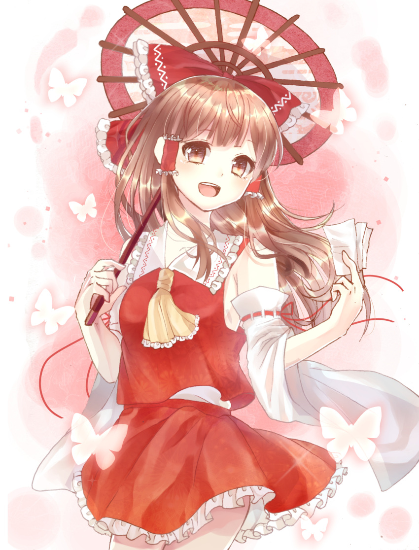 1girl :d ascot between_fingers bow brown_eyes brown_hair butterfly contrapposto cowboy_shot detached_sleeves gradient gradient_background hair_blowing hair_bow hair_tubes hakurei_reimu head_tilt highres insect long_hair looking_at_viewer medepaka ofuda open_mouth oriental_umbrella pink_background red_skirt red_vest ribbon-trimmed_sleeves ribbon_trim skirt skirt_set smile solo touhou umbrella vest yellow_neckwear