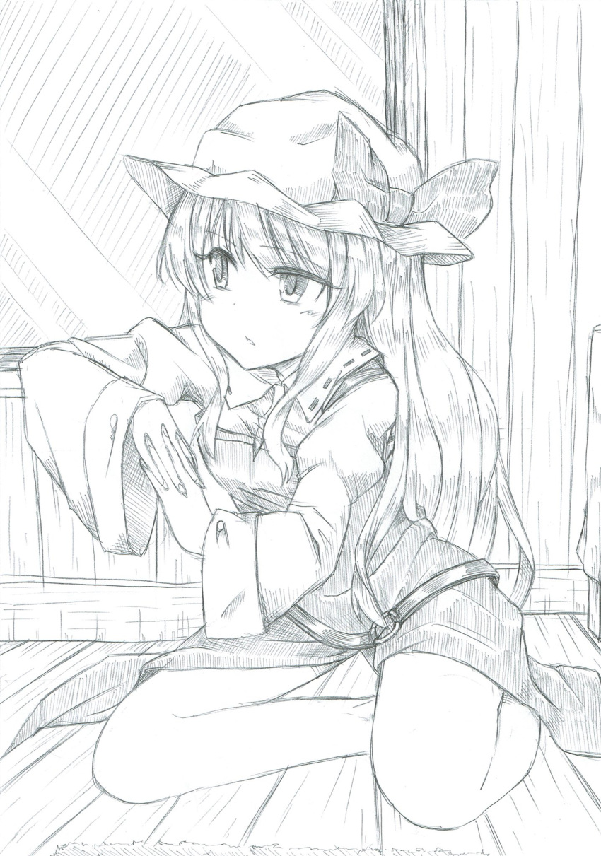 1girl bangs bow collar collared_shirt commentary_request cuffs dress elbow_rest eyebrows_visible_through_hair graphite_(medium) greyscale hat hat_bow highres interlocked_fingers long_hair long_sleeves looking_away mahiro_(akino-suisen) monochrome open_mouth puffy_long_sleeves puffy_sleeves sash shirt sidelocks sitting sleeve_cuffs solo touhou traditional_media underwear watatsuki_no_toyohime