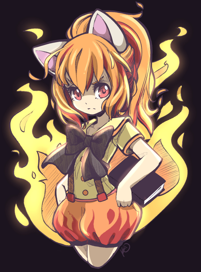 1girl absurdres angelica_(k3lly) animal_ears artist_name bangs black_background black_bow book bow closed_mouth fire highres holding holding_book looking_at_viewer orange_hair pokemon ponyta puffy_shorts red_eyes shorts simple_background solo suspenders tagme