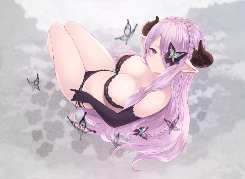 1girl absurdres black_bra black_gloves black_panties blue_eyes bra braid breasts butterfly butterfly_hair_ornament cait cleavage commentary draph elbow_gloves eyebrows_visible_through_hair gloves granblue_fantasy hair_ornament hair_over_one_eye heart heart-shaped_pupils highres hips hood huge_filesize insect large_breasts lavender_hair long_hair looking_at_viewer low_tied_hair narmaya_(granblue_fantasy) panties pointy_ears single_braid smile solo symbol-shaped_pupils thighs underwear waist