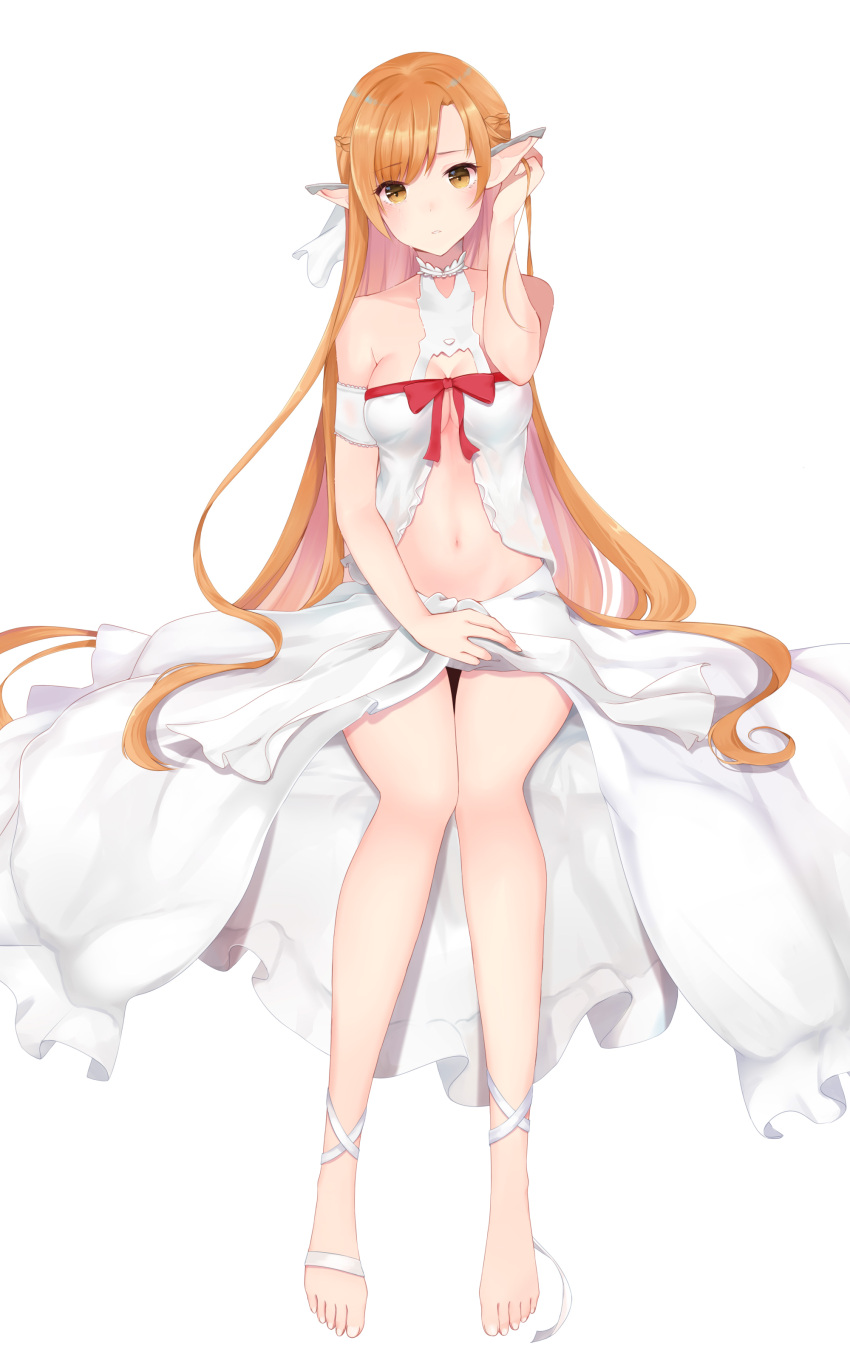 1girl absurdres asuna_(sao) bangs bare_legs barefoot blonde_hair blush braid breasts brown_eyes chu_(huaha1320) dress eyebrows_visible_through_hair half_updo hand_up highres long_hair looking_at_viewer medium_breasts navel parted_lips pointy_ears simple_background sitting solo sword_art_online very_long_hair white_background white_dress