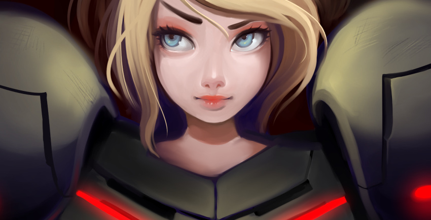 1girl angelica_(k3lly) blonde_hair blue_eyes eyelashes highres lazy_eye lips looking_at_viewer looking_to_the_side metroid pink_lips raised_eyebrow samus_aran short_hair solo upper_body