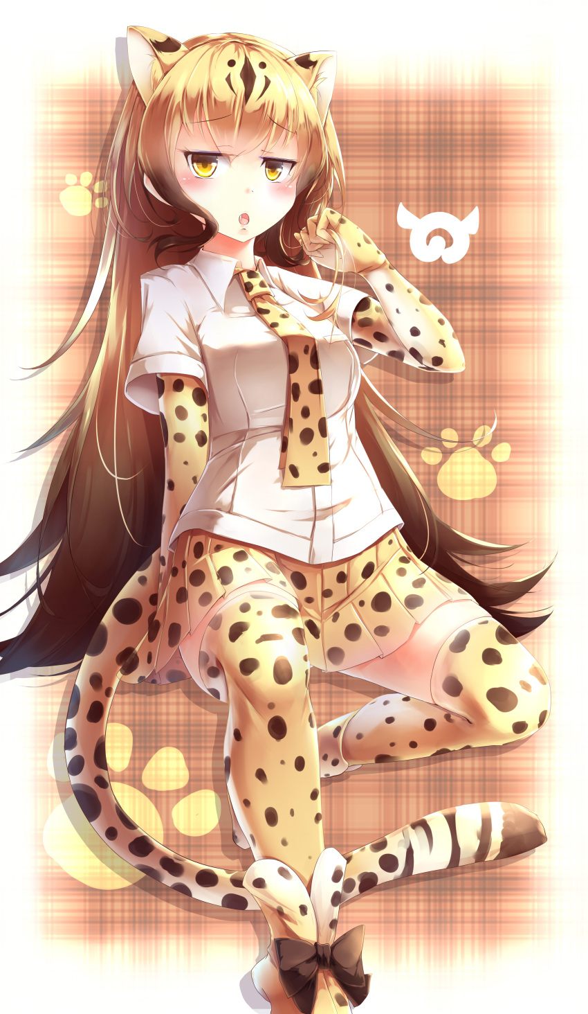 1girl :o absurdres animal_ears animal_print blonde_hair cheetah_(kemono_friends) cheetah_ears cheetah_tail commentary_request gloves gradient_hair highres japari_symbol kanzakietc kemono_friends long_hair looking_at_viewer multicolored_hair necktie open_mouth paw_print short_sleeves skirt solo tail thigh-highs yellow_eyes