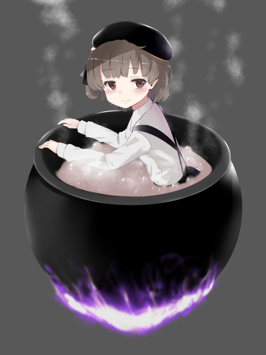 1girl bangs beret black_hat black_skirt blunt_bangs blush boiling brown_eyes brown_hair cauldron closed_mouth eyebrows_visible_through_hair fire from_side grey_background hat hatoba_tsugu hatoba_tsugu_(character) highres in_cauldron in_container long_sleeves looking_at_viewer looking_to_the_side mole mole_under_eye purple_fire rocha_(aloha_ro_cha) shiny shiny_hair shirt short_hair simple_background skirt smile solo steam suspender_skirt suspenders virtual_youtuber white_shirt
