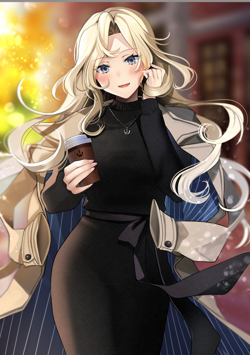 1girl absurdres alternate_costume black_dress blonde_hair blue_eyes blush coat coat_on_shoulders coffee_cup cowboy_shot cup disposable_cup dress eyebrows_visible_through_hair highres holding holding_cup hornet_(kancolle) jewelry kantai_collection long_hair long_sleeves necklace open_mouth smile solo white_coat yunamaro
