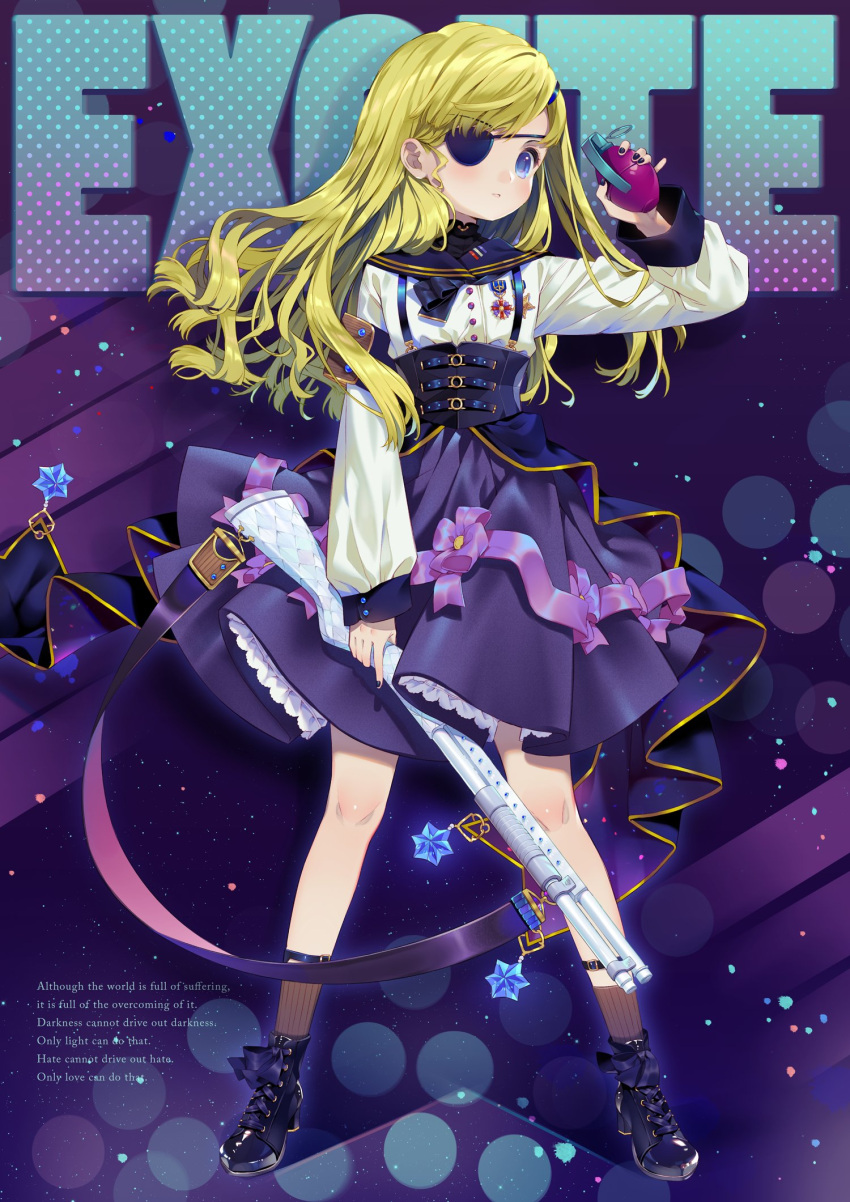 1girl black_footwear black_nails black_sailor_collar blonde_hair blue_eyes boots brown_legwear closed_mouth commentary_request english explosive eyepatch fingernails flower grenade gun high-waist_skirt high_heel_boots high_heels highres holding holding_grenade holding_gun holding_weapon kurokuma_(kuro_kumagaya) legs_apart long_hair long_sleeves medal nail_polish original polka_dot purple_flower purple_ribbon purple_skirt ribbed_legwear ribbon sailor_collar shiny_footwear shirt shotgun skirt socks solo standing star suspender_skirt suspenders weapon weapon_request white_shirt