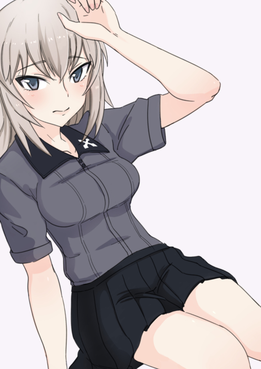 1girl adapted_uniform bangs black_skirt blue_eyes closed_mouth commentary_request dress_shirt eyebrows_visible_through_hair girls_und_panzer grey_background grey_shirt hand_on_own_head highres invisible_chair itsumi_erika kuromorimine_school_uniform leaning_back light_frown long_hair looking_at_viewer miniskirt pleated_skirt saku_(saku1151) school_uniform shirt silver_hair sitting skirt solo summer_uniform