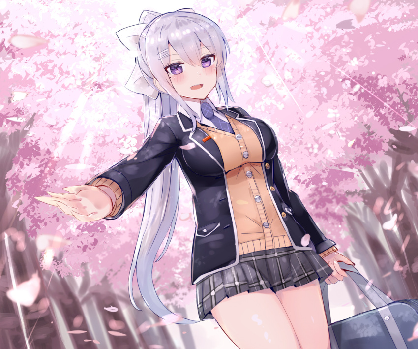 1girl blush bow breasts commentary_request eyebrows_visible_through_hair five_star_stories hair_bow hair_ornament hairclip highres higuchi_kaede large_breasts long_hair long_sleeves looking_at_viewer miniskirt necktie nijisanji outdoors ponytail school_uniform silver_hair skirt smile solo standing violet_eyes virtual_youtuber white_bow xenonstriker