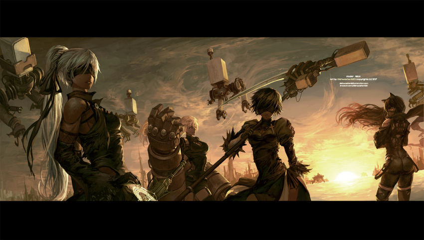 4girls artist_name bandanna black_dress blake_belladonna blindfold clouds cloudy_sky copyright_name cosplay crescent_rose cross dishwasher1910 dress ember_celica_(rwby) feather-trimmed_sleeves highres leather_suit letterboxed long_hair multiple_girls myrtenaster nier_(series) nier_automata parted_lips pod_(nier_automata) ponytail power_fist ruby_rose rwby scythe side_ponytail sky sunset sword watermark weapon web_address weiss_schnee yang_xiao_long yorha_no._2_type_b yorha_no._2_type_b_(cosplay)