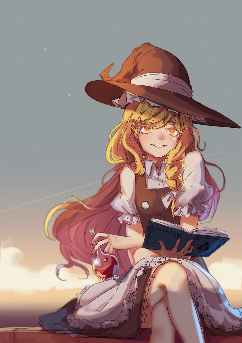 1girl absurdres black_skirt blonde_hair book braid commentary eyebrows_visible_through_hair frilled_hat frills hat highres kirisame_marisa legs_crossed long_hair open_book puffy_sleeves short_sleeves single_braid sitting skirt smile solo touhou vial witch_hat yellow_eyes yoruny