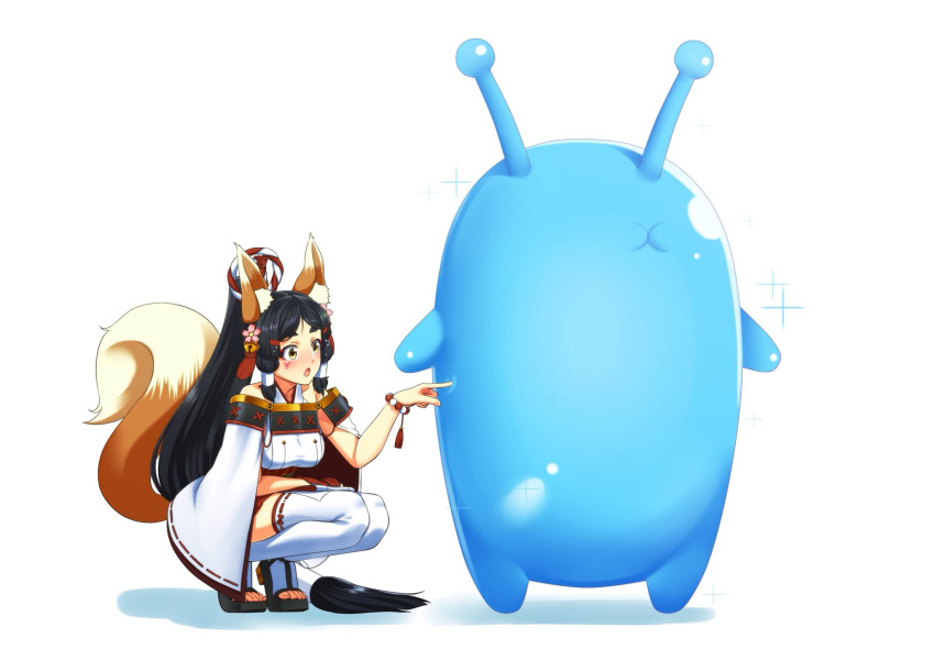 1girl animal_ears bangs black_hair blush bracelet breasts brown_eyes copyright_request creature facial_mark fox_ears fox_tail hand_up high_heels highres jewelry kagiyama_(gen'ei_no_hasha) large_breasts legs_together long_hair original parted_bangs poking ponytail sandals simple_background squatting tail tassel thigh-highs toeless_legwear white_background white_legwear