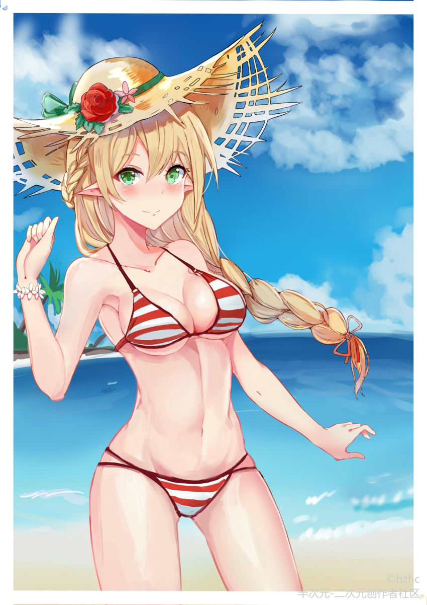1girl beach bikini blonde_hair braid breasts closed_mouth day elf flower french_braid green_eyes hat hat_flower highres hzhc large_breasts long_hair looking_at_viewer navel ocean original outdoors pointy_ears single_braid sky smile solo straw_hat striped striped_bikini swimsuit very_long_hair