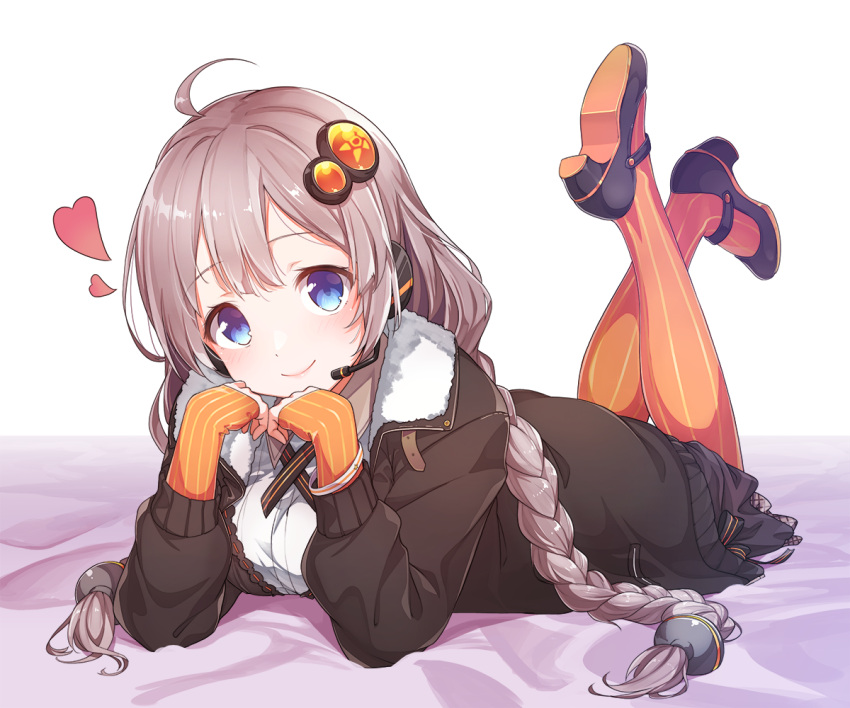 1girl ahoge bangs bed_sheet black_jacket black_skirt blue_eyes blush braid chin_rest closed_mouth commentary_request eyebrows_visible_through_hair feet_up full_body fur-trimmed_jacket fur_trim hair_ornament hairpin headset heart jacket kizuna_akari konnyaku_(kk-monmon) leg_up legs_up lips long_hair long_sleeves looking_at_viewer lying mary_janes on_bed on_stomach open_clothes open_jacket orange_legwear pantyhose shiny shiny_hair shirt shoes simple_background skirt sleeves_past_wrists smile solo striped striped_legwear tareme the_pose twin_braids vertical-striped_legwear vertical_stripes very_long_hair voiceroid white_background white_shirt