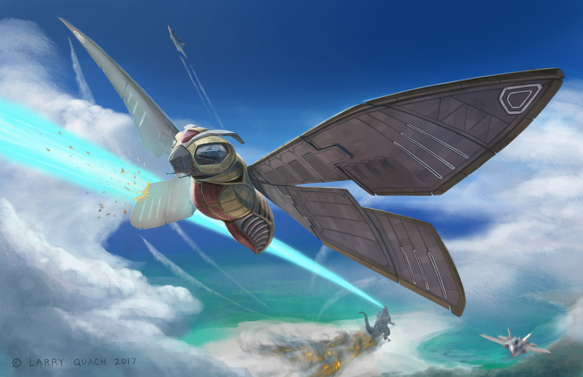 2017 aircraft airplane antennae battle clouds commentary damaged dated deviantartnobackstreetboys energy energy_beam fighter_jet fire flying godzilla godzilla_(series) highres island jaws jet kaijuu mecha mechanization military military_vehicle monster mothra no_humans ocean plasma realistic science_fiction shore signature smoke spikes tail water when_you_see_it