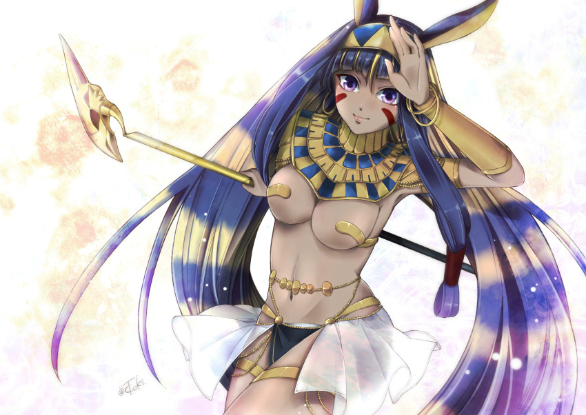 1girl akatsuki_sagi arm_up bangle bracelet breasts dark_skin earrings egyptian egyptian_clothes facial_mark fate/grand_order fate_(series) highres holding holding_staff hoop_earrings jackal_ears jewelry large_breasts long_hair navel nitocris_(fate/grand_order) purple_hair revealing_clothes sidelocks skindentation solo staff twitter_username very_long_hair violet_eyes