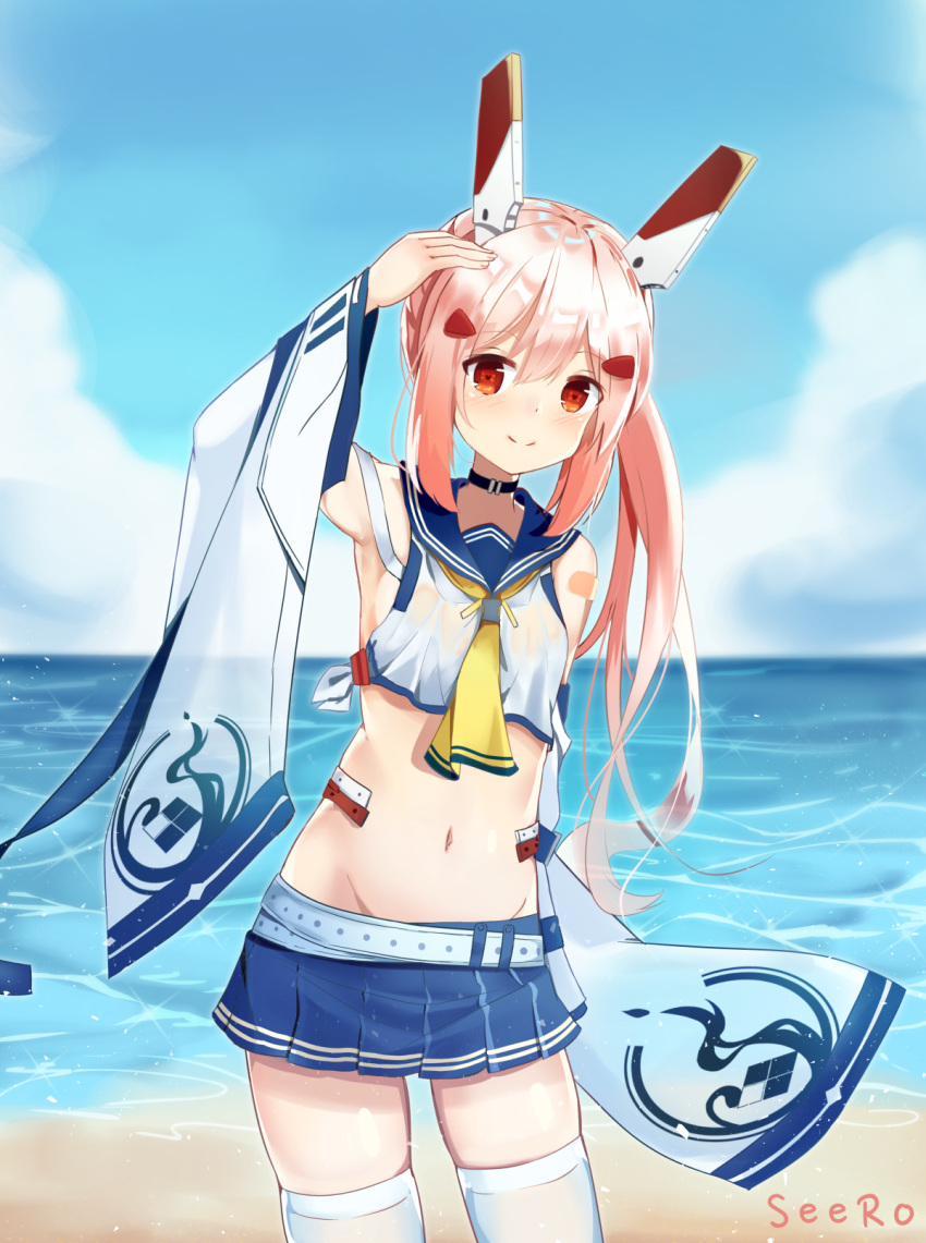 1girl arm_up artist_name ayanami_(azur_lane) azur_lane bandaid_on_arm beach blue_skirt blue_sky blurry blurry_background closed_mouth clouds commentary_request day depth_of_field detached_sleeves hair_ornament headgear highres horizon leaning_to_the_side light_brown_hair long_hair long_sleeves midriff navel ocean outdoors pleated_skirt ponytail sand school_uniform seero serafuku shirt skindentation skirt sky sleeveless sleeveless_shirt smile solo thigh-highs very_long_hair water white_belt white_legwear white_shirt wide_sleeves yellow_neckwear