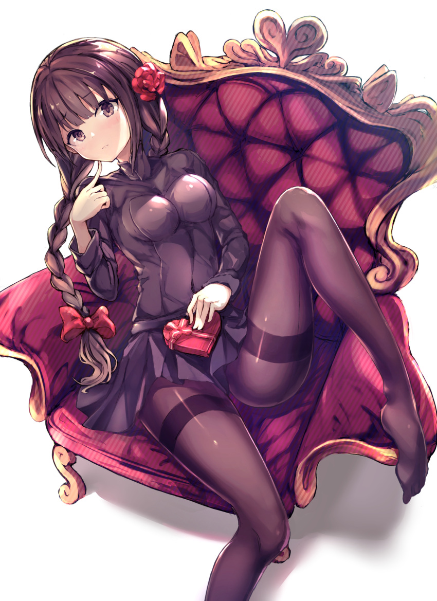 1girl armchair bangs black_legwear black_skirt blush borrowed_character bow braid breasts brown_eyes brown_hair chair closed_mouth eyebrows_visible_through_hair flower hair_bow hair_flower hair_ornament haishiki hand_up heart-shaped_box highres index_finger_raised legs long_hair long_sleeves looking_at_viewer medium_breasts original pantyhose red_bow red_flower sidelocks sitting skirt solo thighs twin_braids