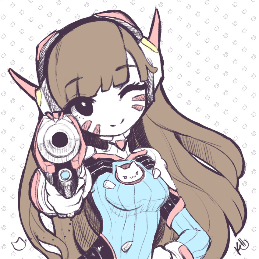 1girl :3 absurdres aiming_at_viewer angelica_(k3lly) arm_up artist_name bangs black_eyes blue_bodysuit bodysuit breasts brown_hair charm_(object) d.va_(overwatch) eyebrows_visible_through_hair facepaint flat_color gloves gun head_tilt headset highres holding holding_gun holding_weapon long_hair one_eye_closed overwatch ribbed_bodysuit small_breasts smile solo upper_body weapon whisker_markings white_gloves