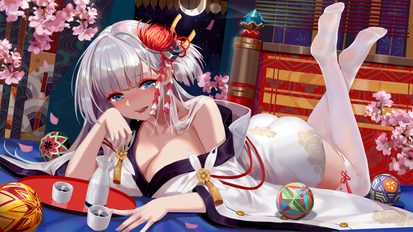 1girl :d alcohol azur_lane ball bangs bed bed_frame bed_sheet blinds blunt_bangs blush breasts choko_(cup) cleavage collarbone crescent_moon cup drunk eyebrows_visible_through_hair eyeshadow flower foreshortening hair_flower hair_ornament highres indoors japanese_clothes kimono large_breasts legs_up long_hair looking_at_viewer lying makeup moon night night_sky no_shoes nose_blush off_shoulder on_bed on_stomach open_mouth petals pink_flower ribbon-trimmed_legwear ribbon_trim sake shiny shiny_hair shoukaku_(azur_lane) silver_hair single_bare_shoulder sky smile solo sweat tassel temari_ball thigh-highs tokkuri tray white_kimono white_legwear wind_chime window zettai_ryouiki zjsstc