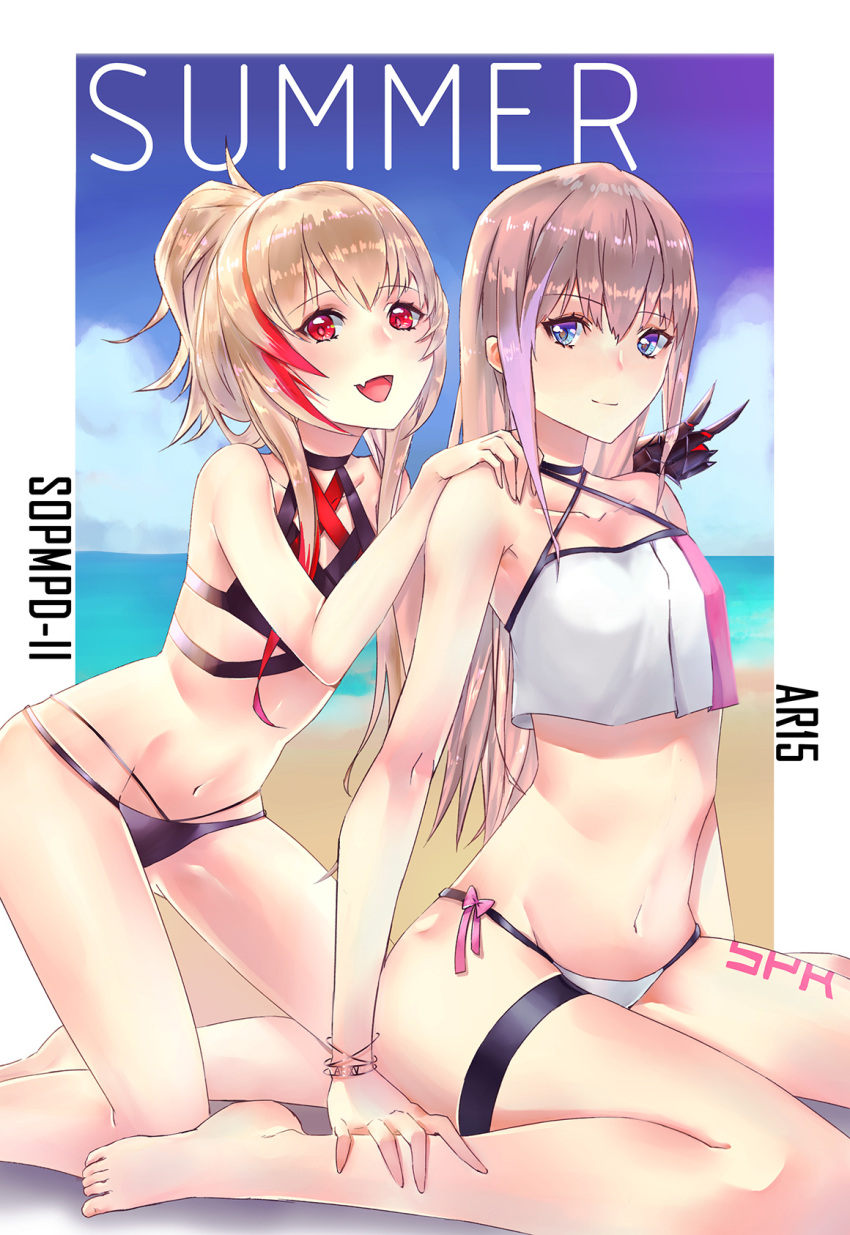 2girls akatsuki_suzumi alternate_costume alternate_hairstyle armpit_peek bangle bangs bare_legs bare_shoulders barefoot beach bikini blue_eyes blue_sky body_writing bracelet character_name closed_mouth clouds collarbone crop_top eyebrows_visible_through_hair fang girls_frontline groin hair_between_eyes hand_on_another's_shoulder headgear high_ponytail highres jewelry kneeling leaning_on_person long_hair looking_at_viewer lowleg lowleg_bikini m4_sopmod_ii_(girls_frontline) multicolored_hair multiple_girls navel ocean open_mouth outside_border pink_hair ponytail prosthetic_hand red_eyes redhead sand side-tie_bikini sidelocks sitting sky smile st_ar-15_(girls_frontline) stomach streaked_hair swimsuit text thigh_strap v wariza water