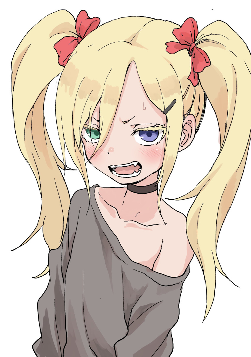 1girl absurdres black_choker blonde_hair blush bow choker commentary_request embarrassed fangs green_eyes grey_shirt hair_bow heterochromia highres long_hair long_sleeves off_shoulder open_mouth original red_bow shirt simple_background solo sweatdrop twintails upper_body violet_eyes white_background yamamoto_souichirou