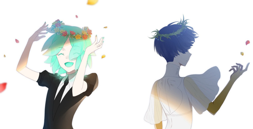 androgynous aqua_hair back-to-back bangs blue_hair blunt_bangs closed_eyes colored_eyelashes dual_persona eyes_visible_through_hair flower gem_uniform_(houseki_no_kuni) golden_arms green_hair hair_over_eyes happy head_wreath houseki_no_kuni nallck_6v6_(nothy-nn) necktie open_mouth outstretched_hand petals phosphophyllite phosphophyllite_(ll) see-through short_hair smile spoilers time_paradox upper_body white_background